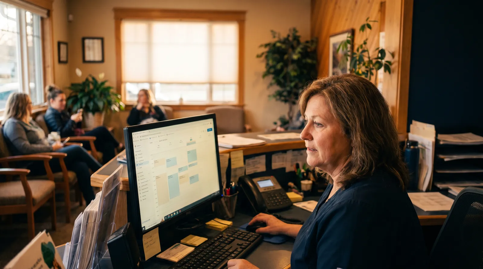 A dental front-desk coordinator working at the reception computer in a warmly lit office