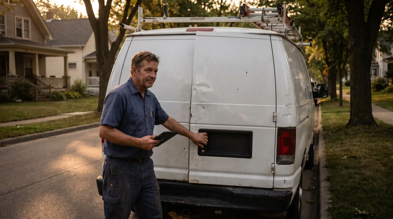 An HVAC technician at the back of a service van with a tablet, parked at a suburban curb in morning light