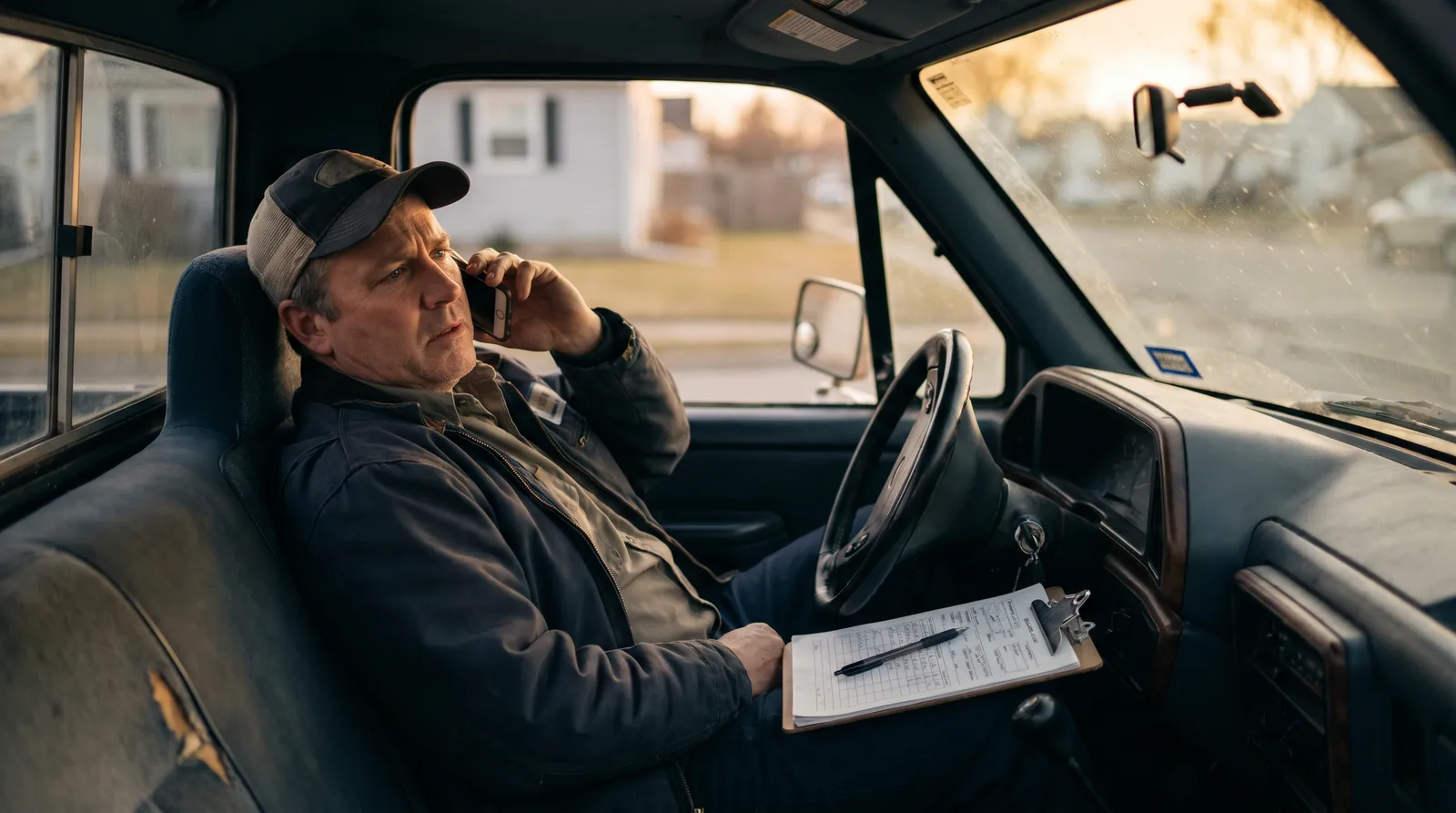 A plumber taking a phone call in a work truck cab with job paperwork on the dash