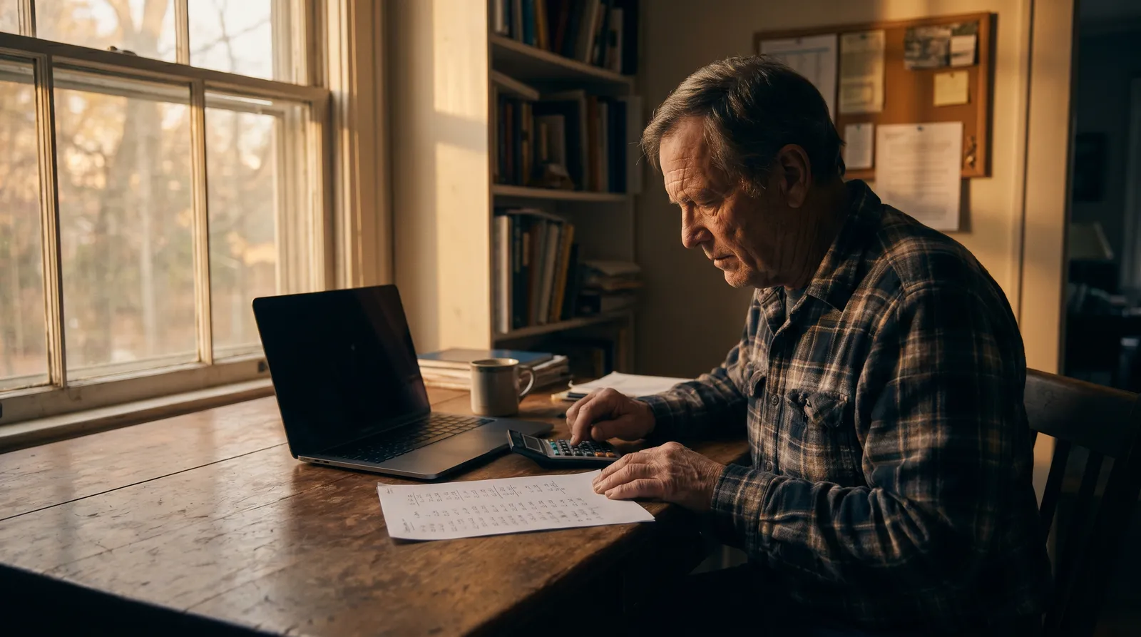 A business owner reviewing numbers on paper at a home-office desk in the evening